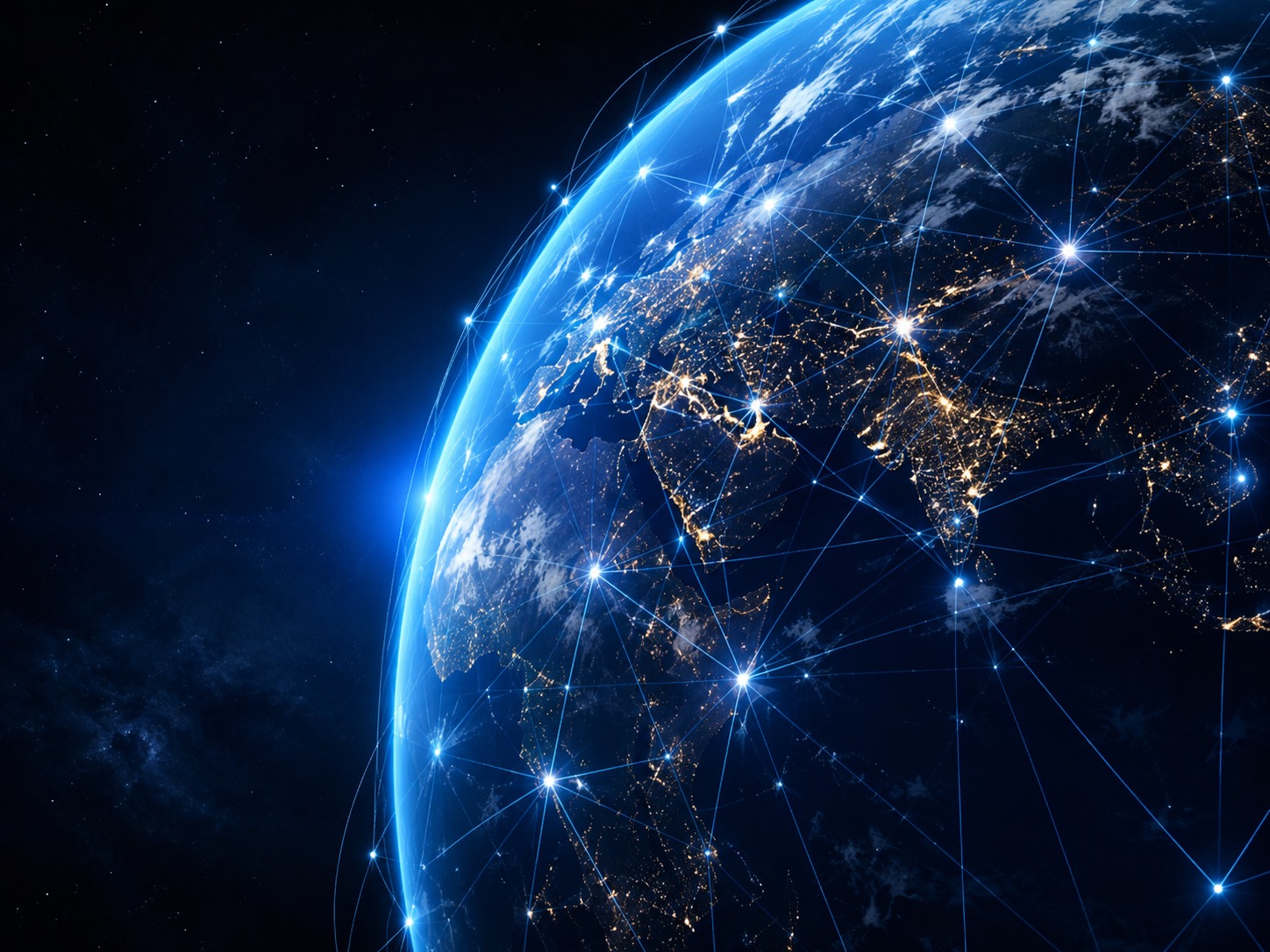 Satellite network links spanning Africa, Europe and Asia viewed from orbit
