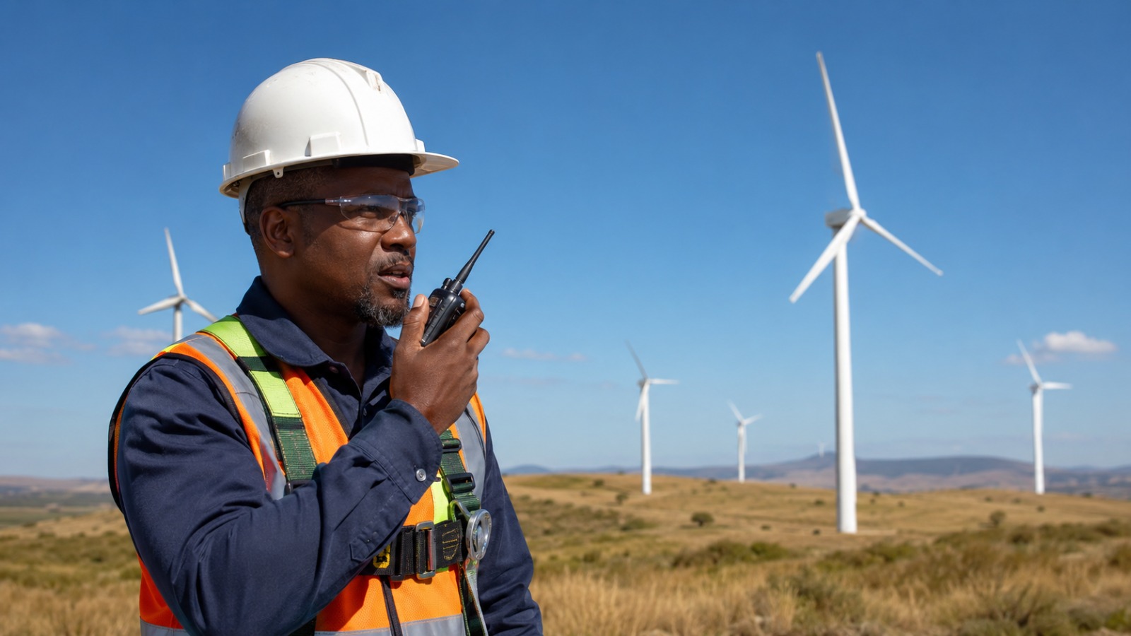 Field technician in high-visibility gear using a radio at a remote wind farm site