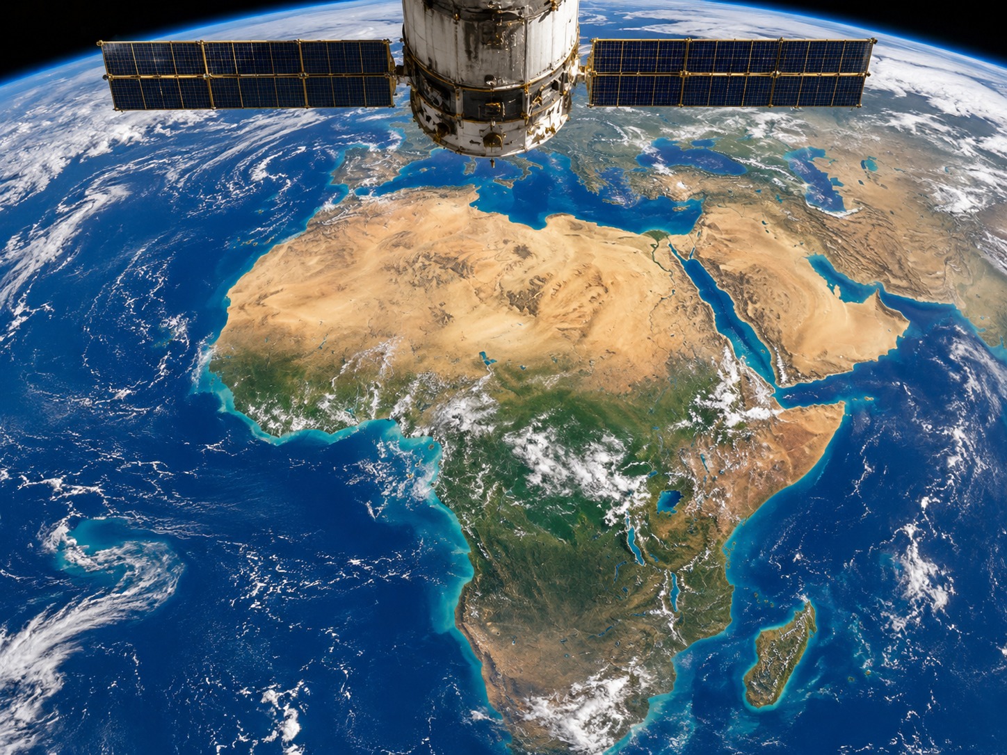 Satellite in orbit above the African continent, illustrating remote satellite connectivity coverage